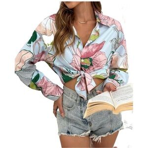 Baby Blue Boho Floral Shirt Collar